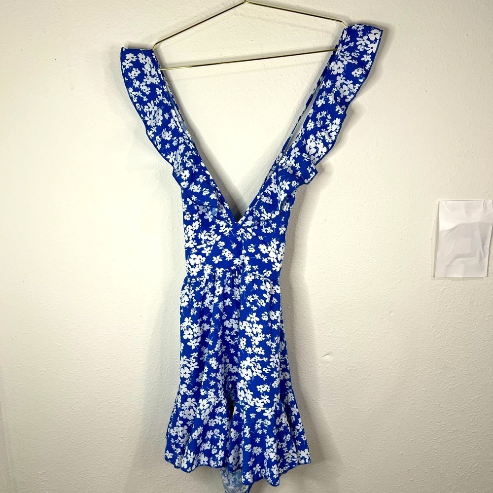 SHEIN Blue Floral Ruffle Romper Small Wrap Tie Sleeveless Summer One-Piece